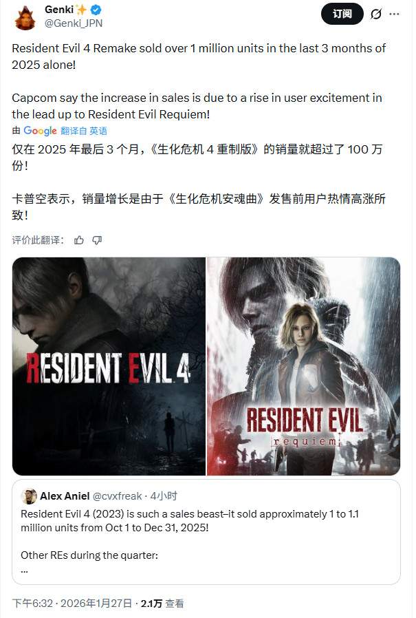 《生化危机4:重制版》过去3个月又卖出了超100万